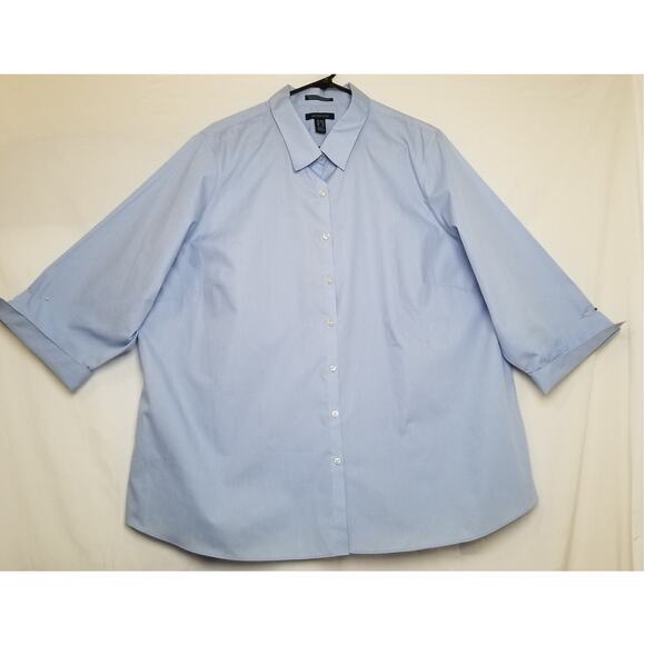 Lands' End Womens Blue Button Up 3/4 Sleeve Flip Cuff Wrinkle Free Shirt Sz 24W - Picture 1 of 9